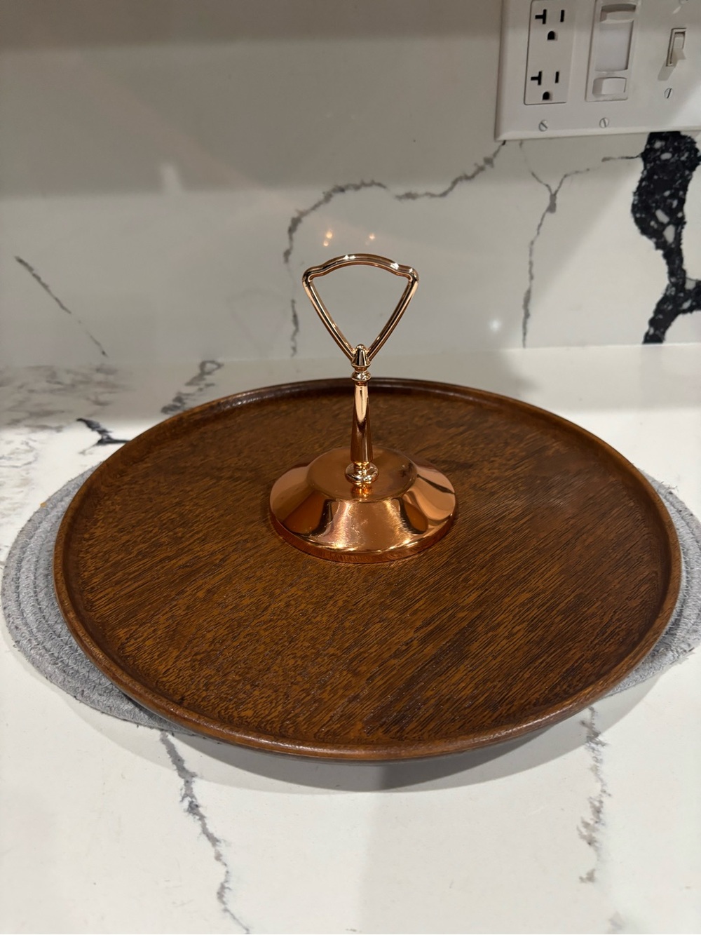 Round Wood Serve Platter with Rose Gold Center Handle
